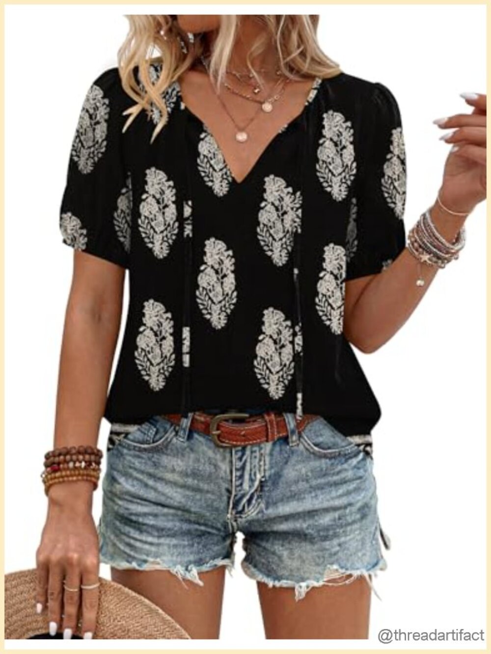 Boho Short Sleeve Tie-Front Peasant Blouse 85% Rayon 15% Nylon V Neck Puff